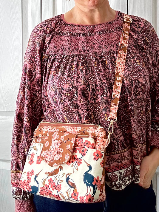 Birds and Cherry Blossoms crossbody bag with pouch