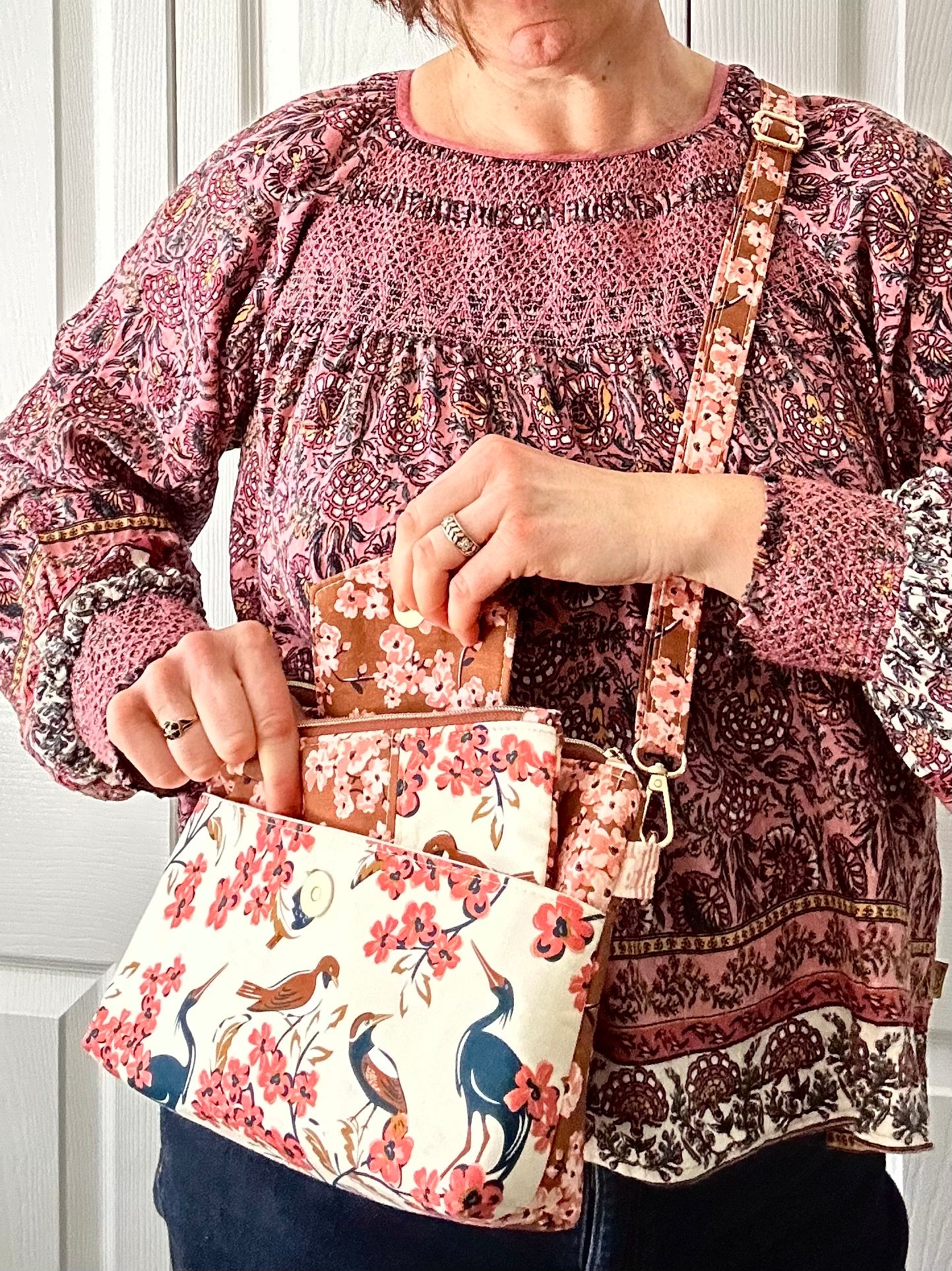 Birds and Cherry Blossoms crossbody bag with pouch