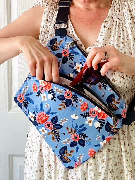 Handmade crossbody sling bag - sky blue floral