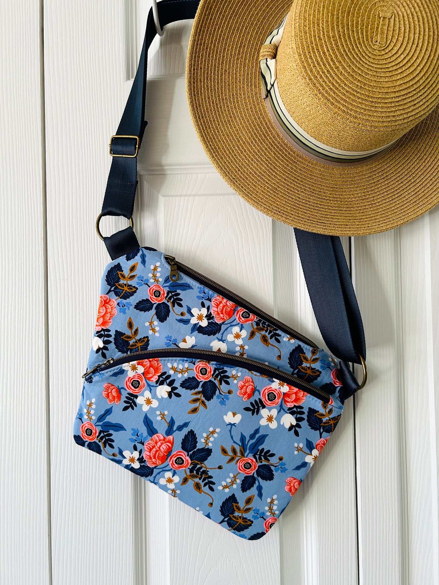 Handmade crossbody sling bag - sky blue floral