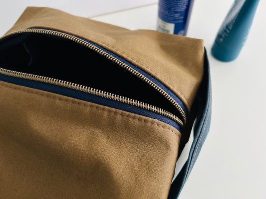 Waxed Canvas Boxy Toiletry Bag - Tan and Navy