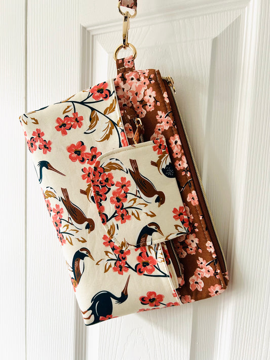 Birds and Cherry Blossoms wristlet bag and pouch set