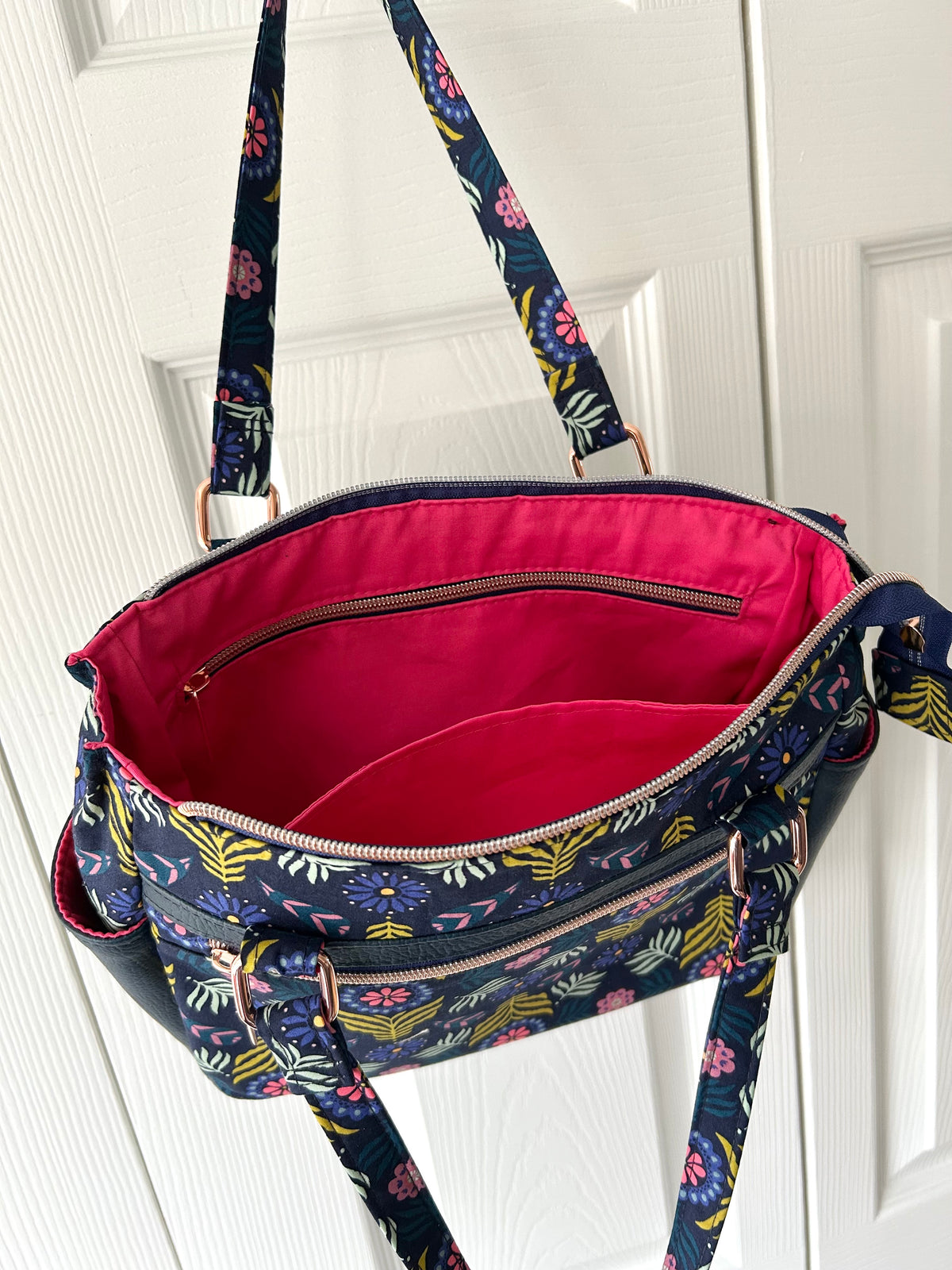 Bold floral handbag - navy cotton and faux leather