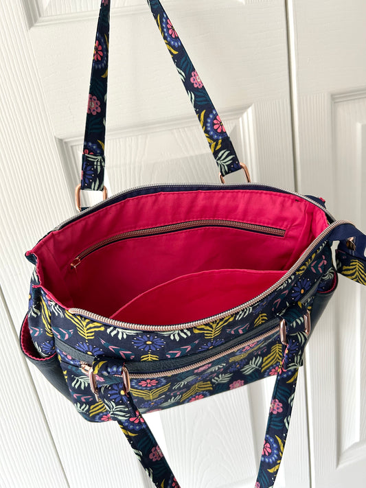 Bold floral handbag - navy cotton and faux leather