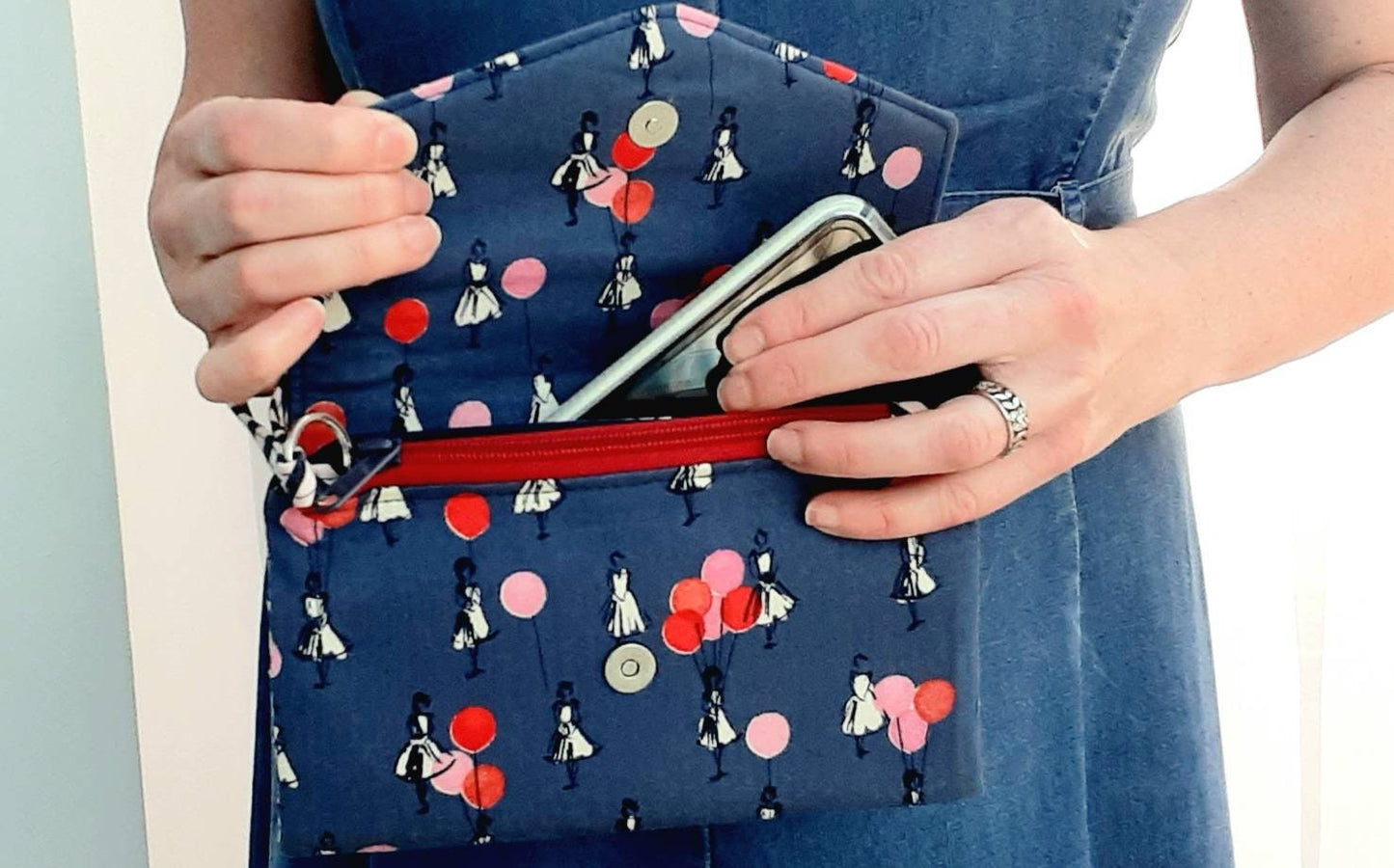 Women's long wallet, large phone wallet, ladies clutch purse, organiser wallet, wristlet phone purse, blue fabric wallet