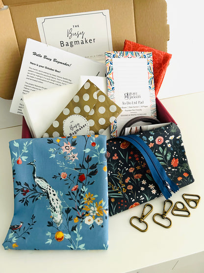 Curated bag making subscription box sewing kit with all the supplies plus pattern create your own bag in beautiful fabrics