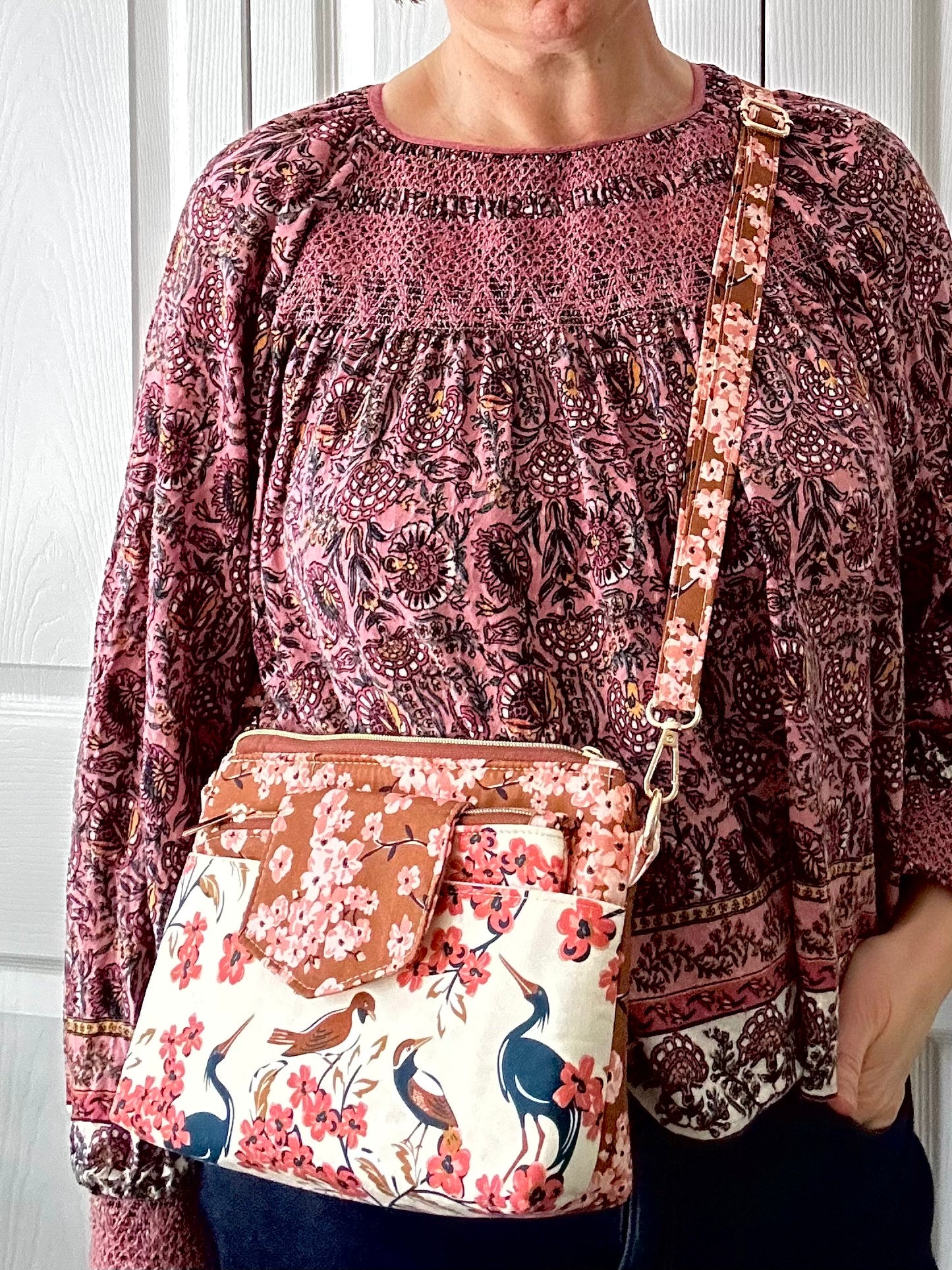 Birds and Cherry Blossoms crossbody bag with pouch