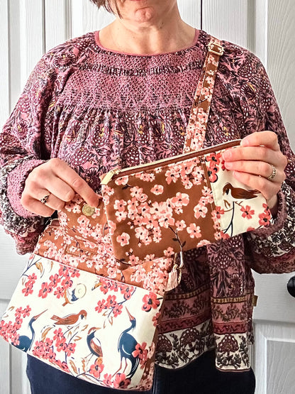 Birds and Cherry Blossoms crossbody bag with pouch