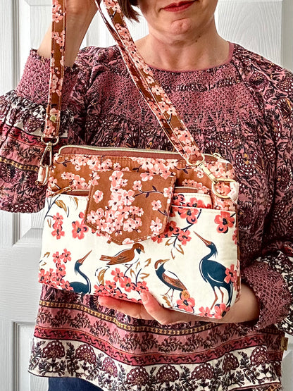 Birds and Cherry Blossoms crossbody bag with pouch
