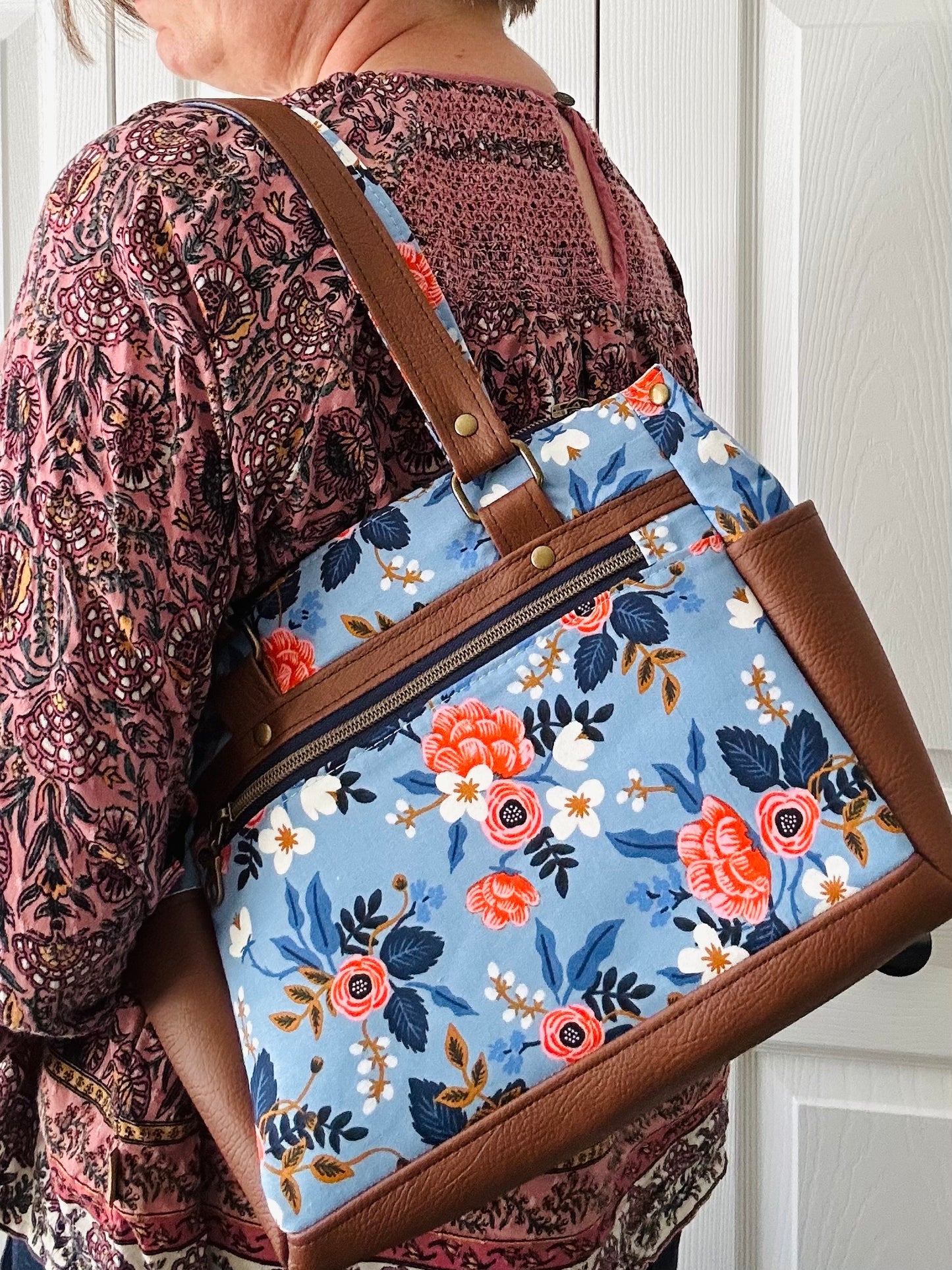 Floral handbag - periwinkle blue with tan leather