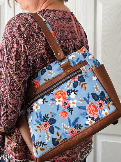 Floral handbag - periwinkle blue with tan leather