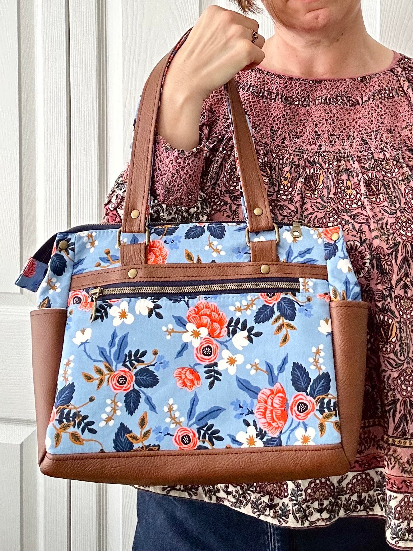 Floral handbag - periwinkle blue with tan leather