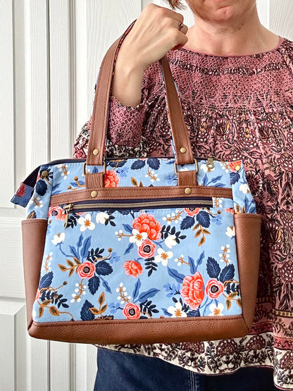 Floral handbag - periwinkle blue with tan leather