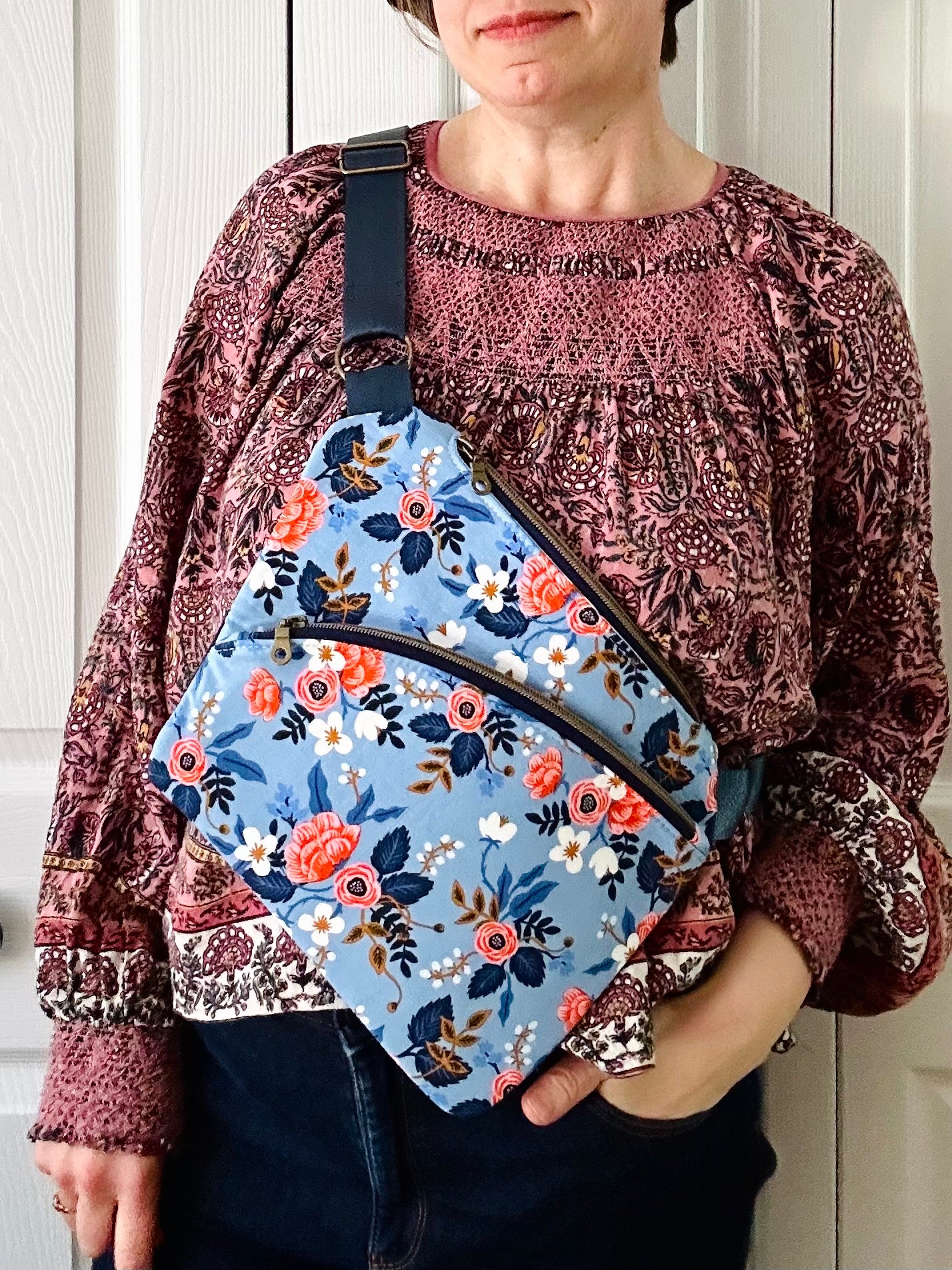 Handmade crossbody sling bag - sky blue floral