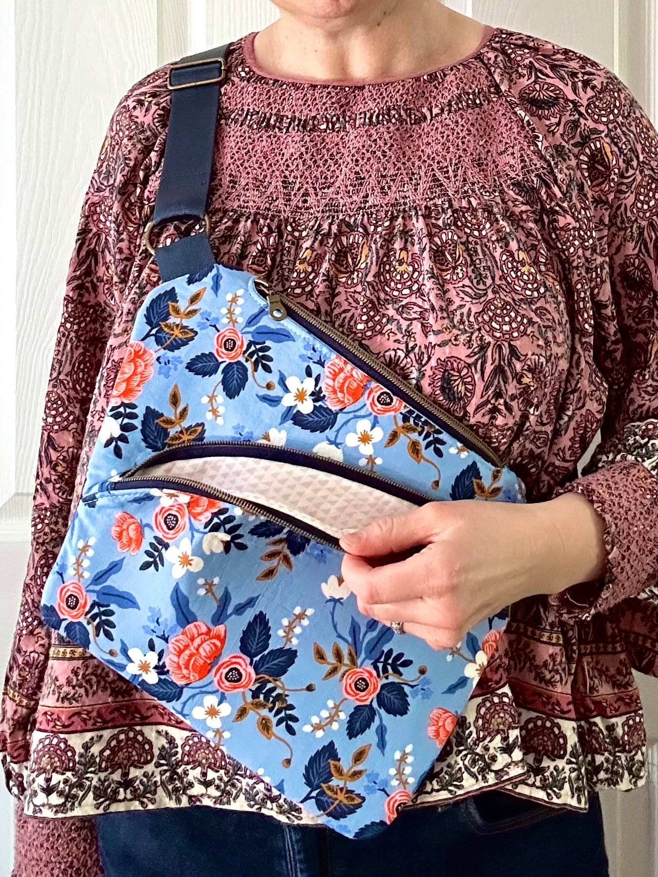 Handmade crossbody sling bag - sky blue floral