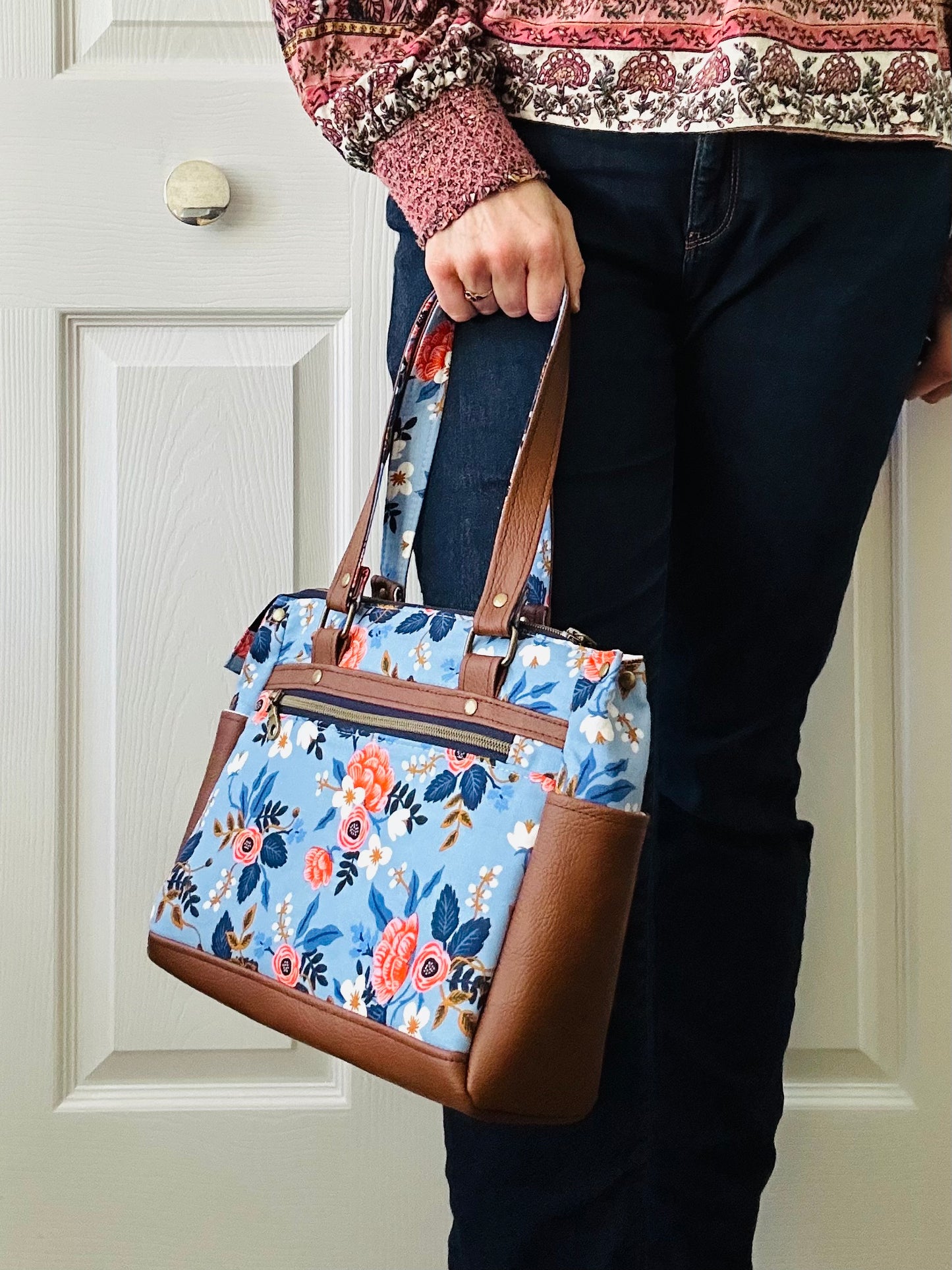 Floral handbag - periwinkle blue with tan leather