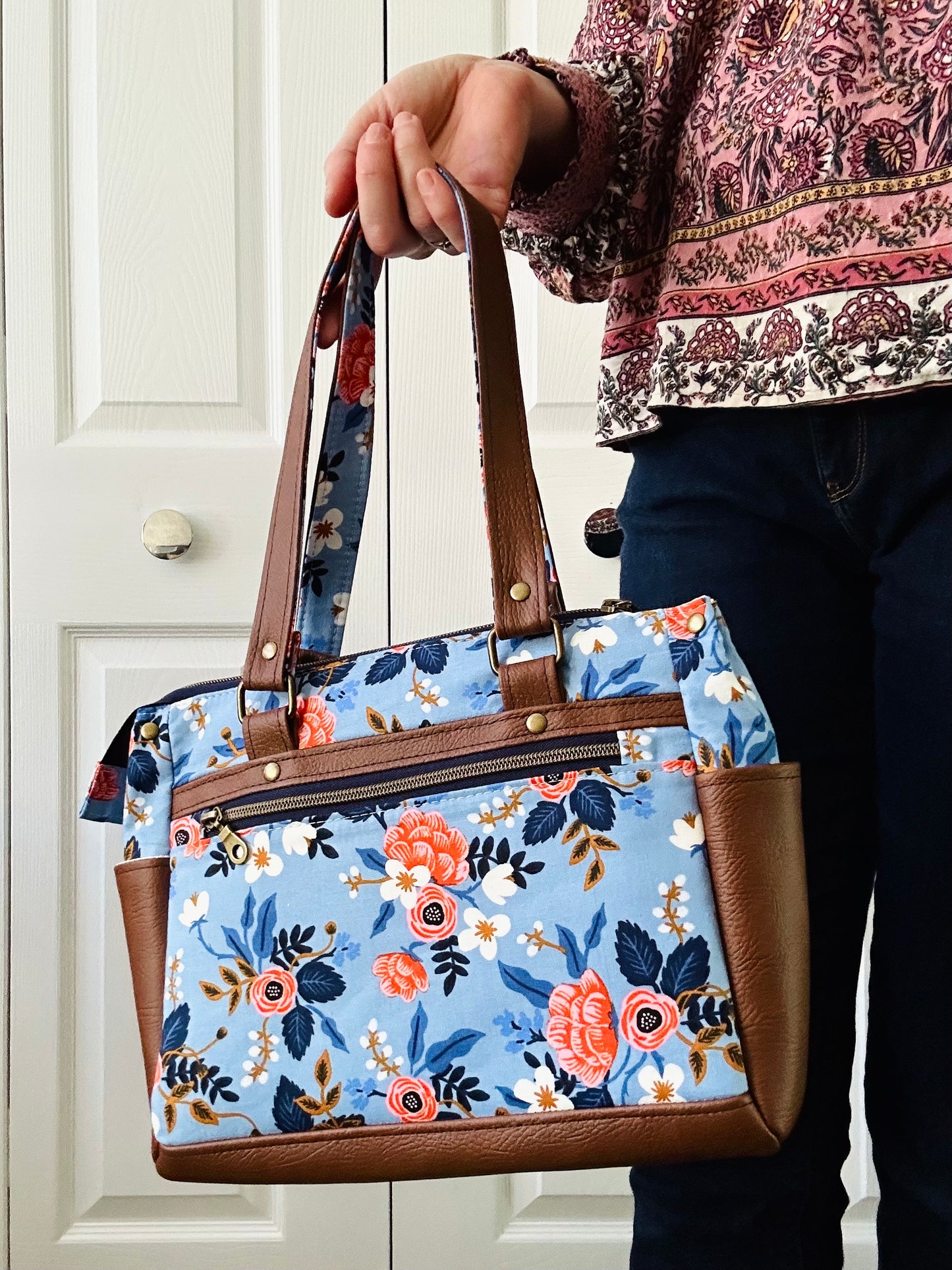 Floral handbag - periwinkle blue with tan leather