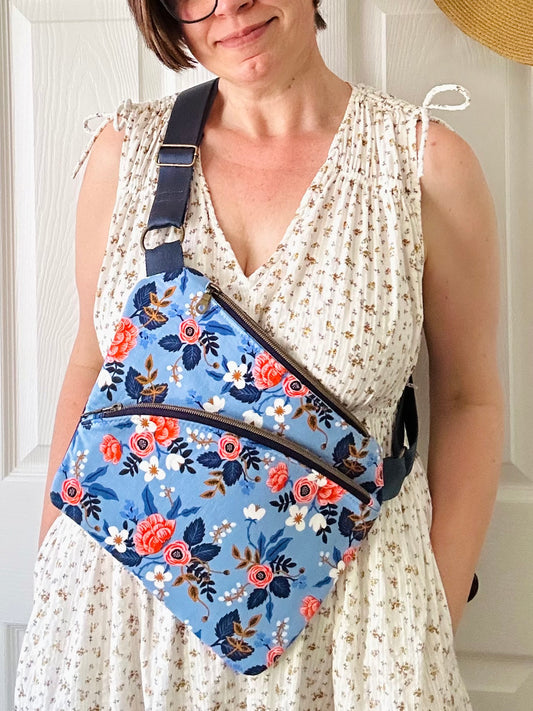 Handmade crossbody sling bag - sky blue floral