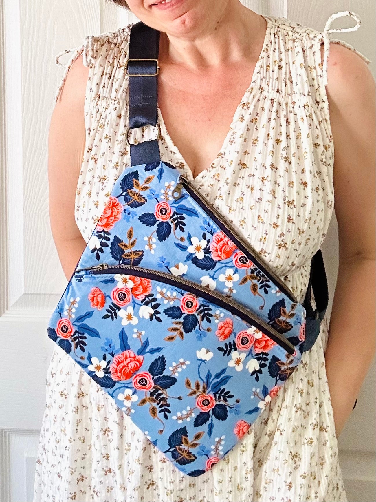 Handmade crossbody sling bag - sky blue floral