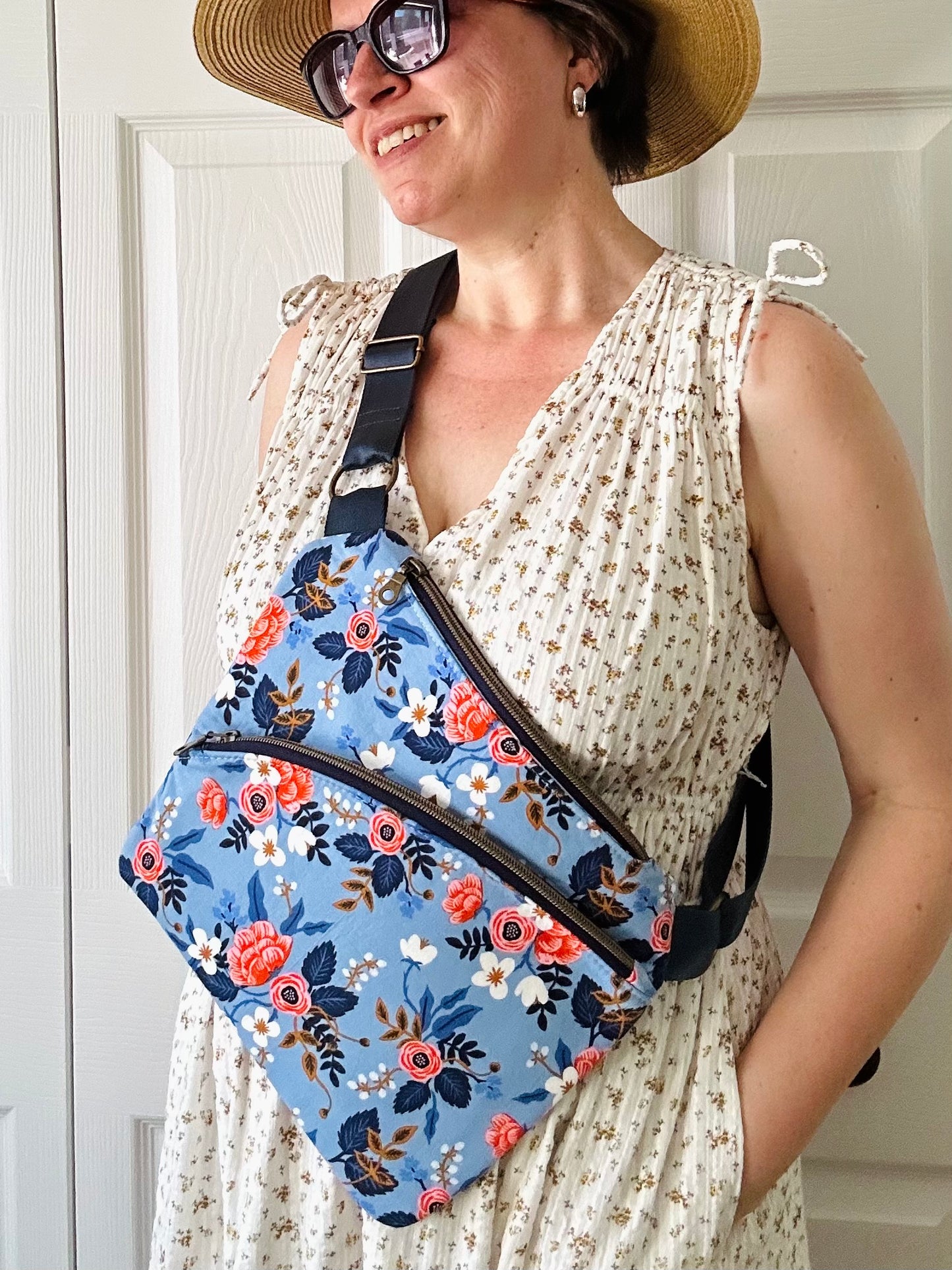 Handmade crossbody sling bag - sky blue floral