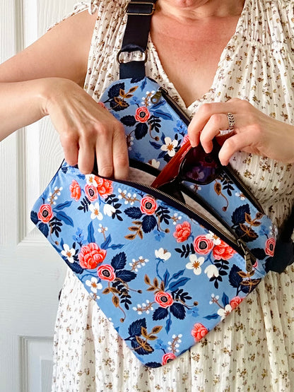 Handmade crossbody sling bag - sky blue floral