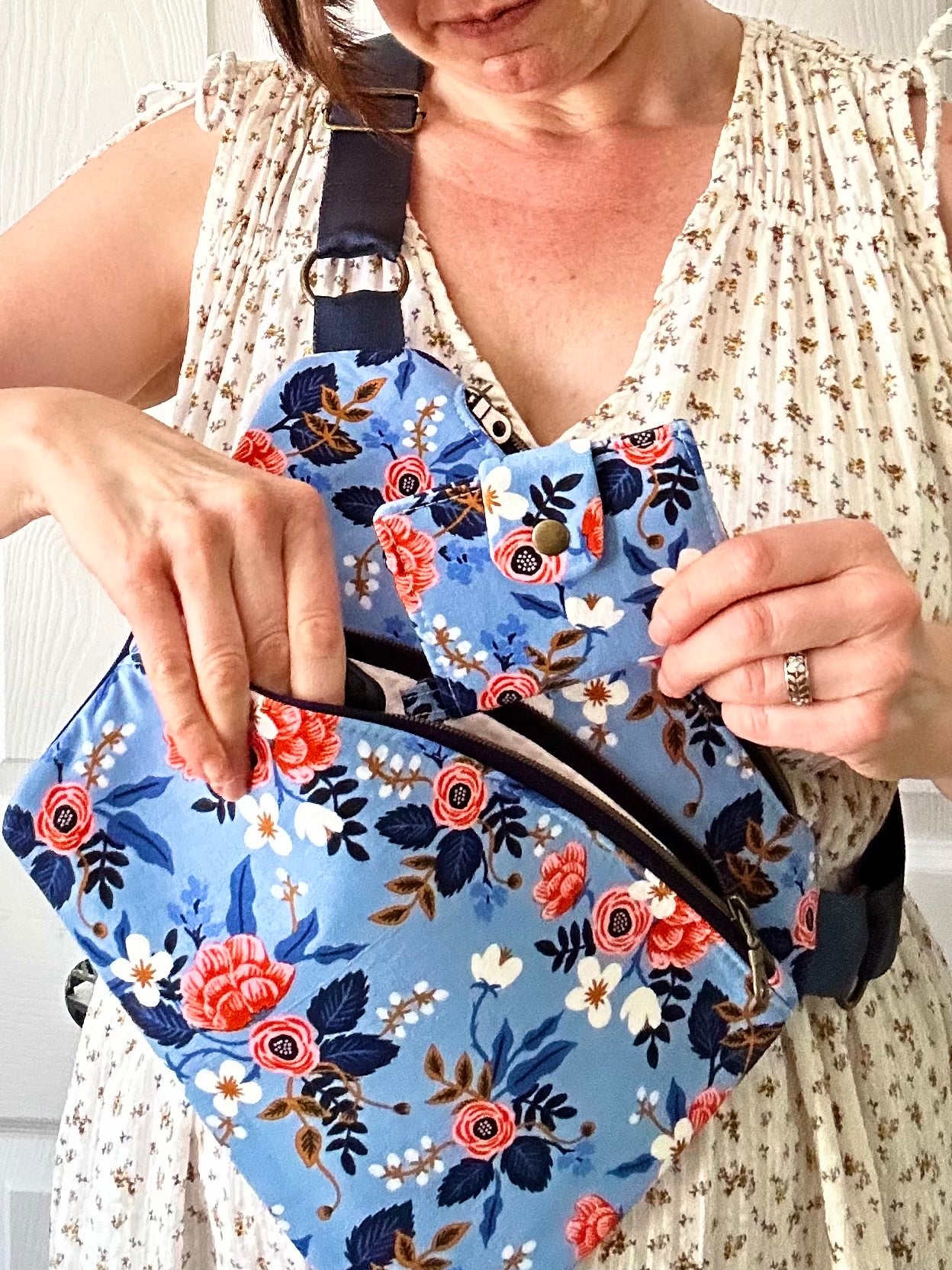 Handmade crossbody sling bag - sky blue floral