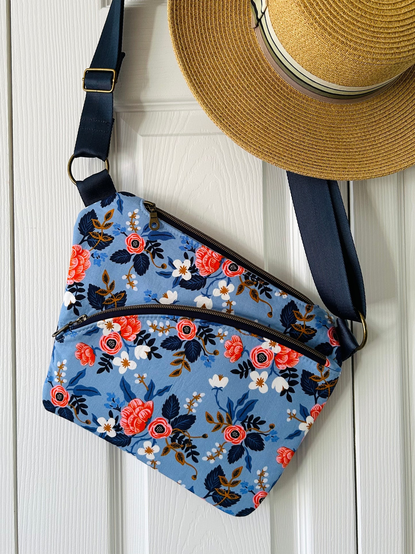 Handmade crossbody sling bag - sky blue floral