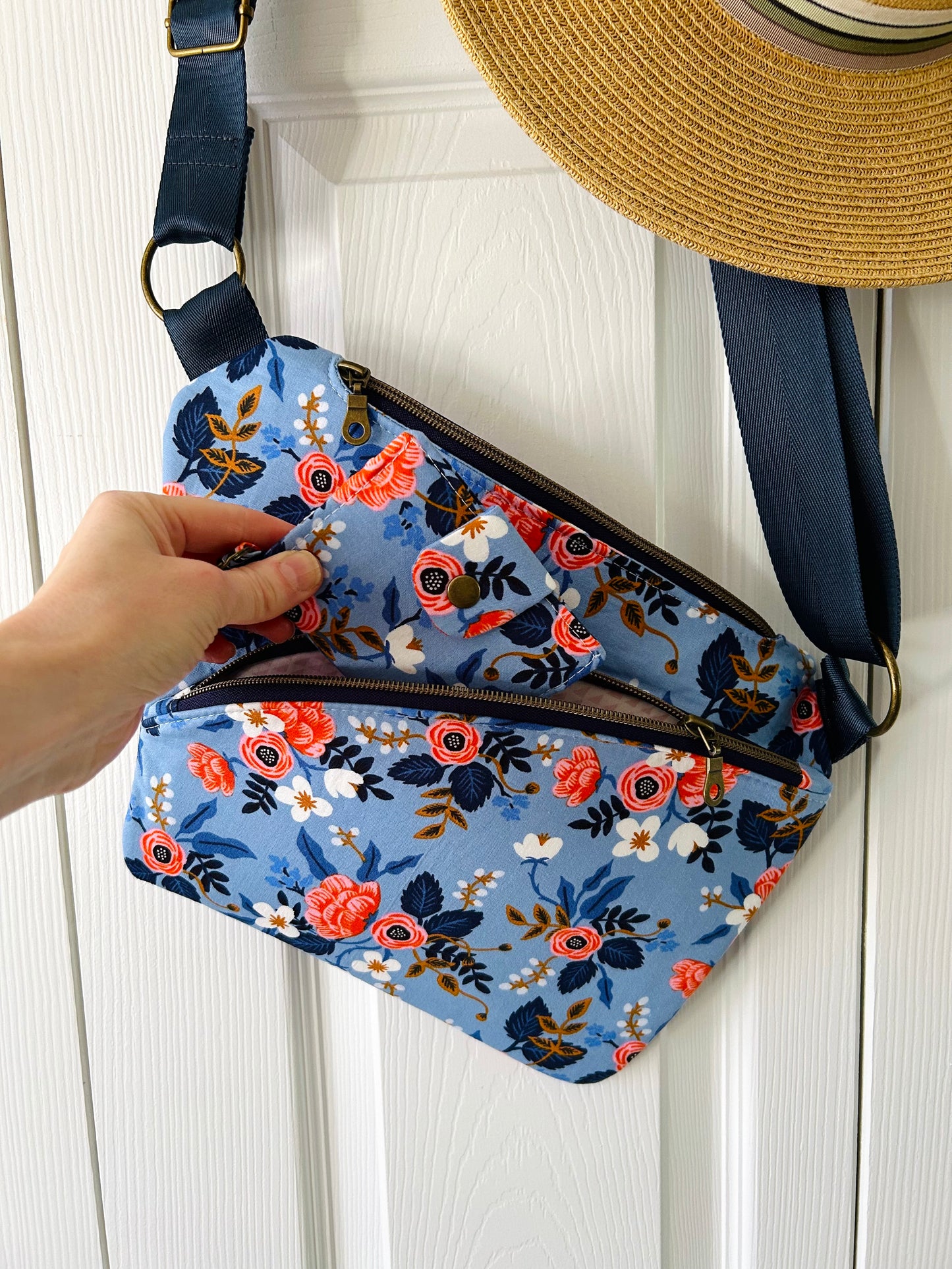 Handmade crossbody sling bag - sky blue floral