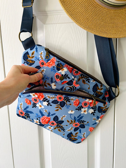 Handmade crossbody sling bag - sky blue floral