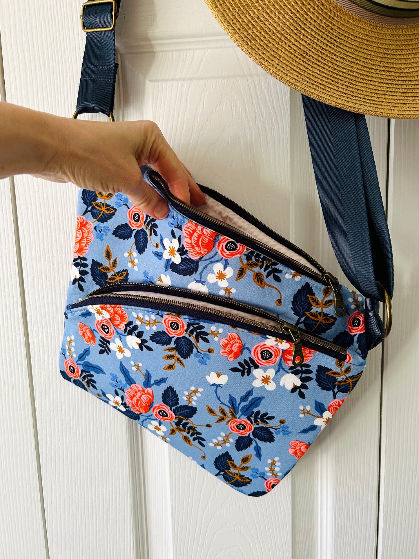 Handmade crossbody sling bag - sky blue floral