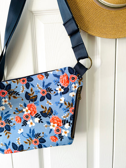Handmade crossbody sling bag - sky blue floral