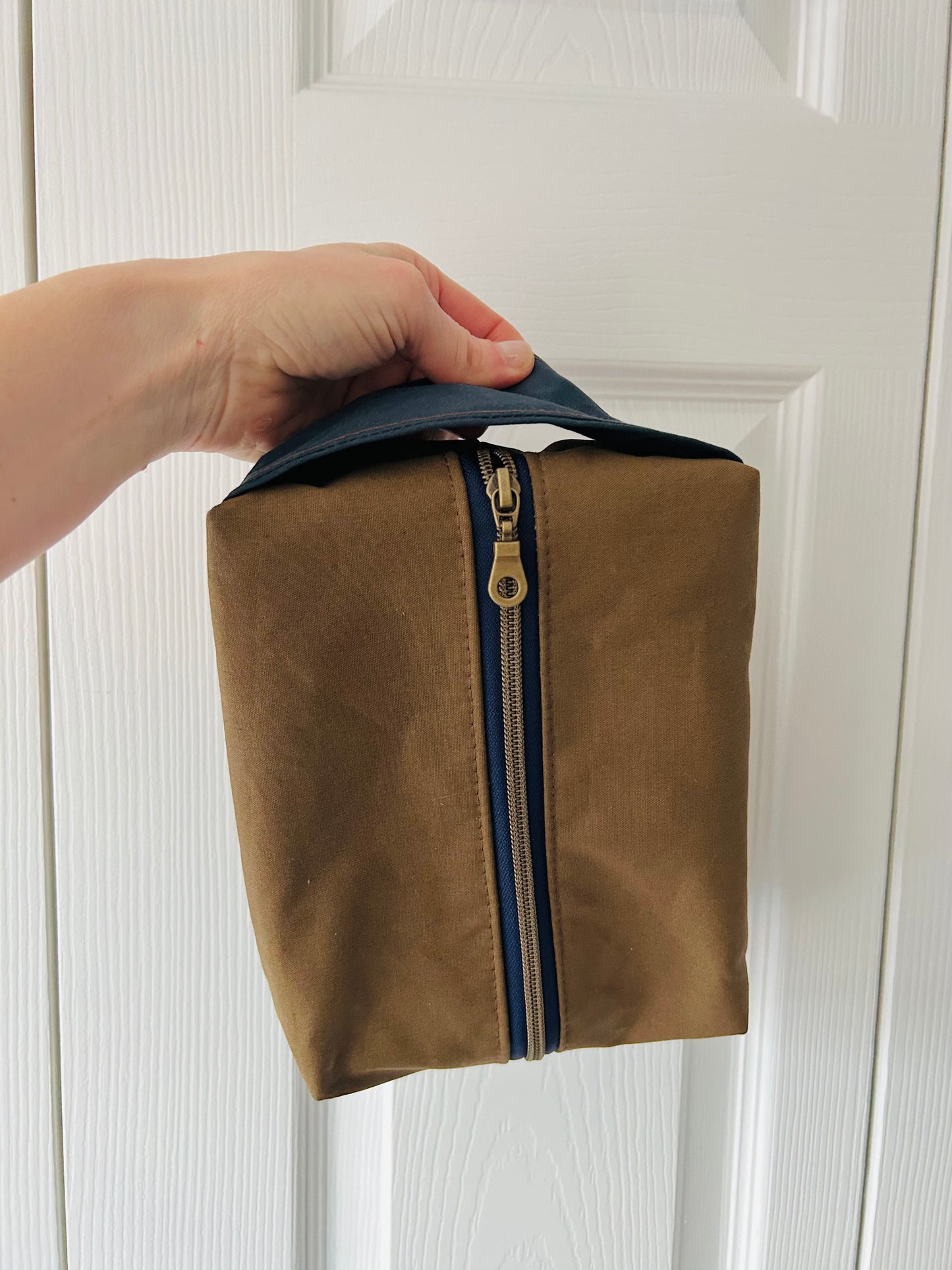 Waxed Canvas Boxy Toiletry Bag - Tan and Navy