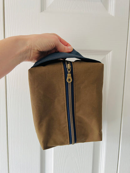 Waxed Canvas Boxy Toiletry Bag - Tan and Navy