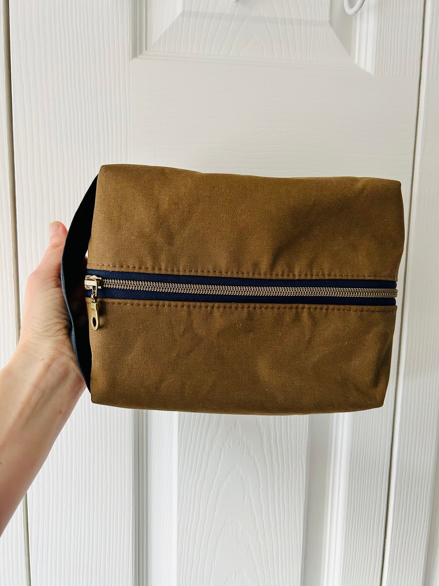 Waxed Canvas Boxy Toiletry Bag - Tan and Navy