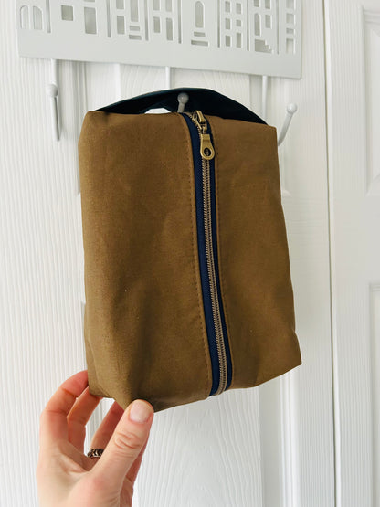 Waxed Canvas Boxy Toiletry Bag - Tan and Navy