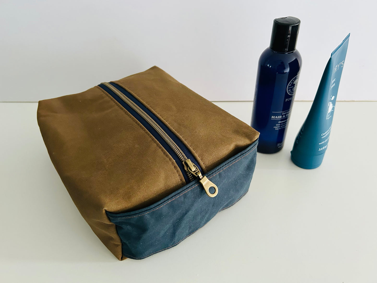 Waxed Canvas Boxy Toiletry Bag - Tan and Navy