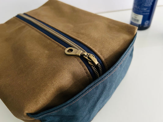 Waxed Canvas Boxy Toiletry Bag - Tan and Navy