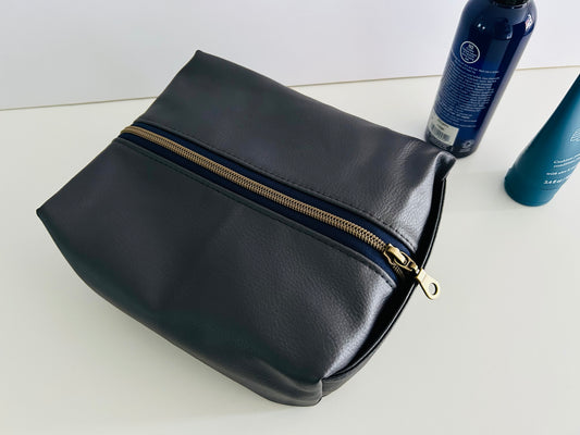 Faux Leather Boxy Toiletry Bag - Dark Grey