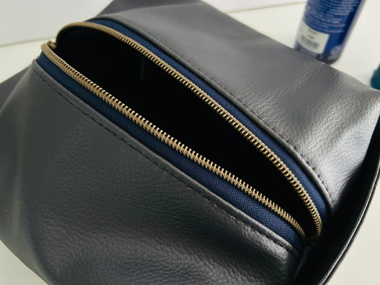Faux Leather Boxy Toiletry Bag - Dark Grey