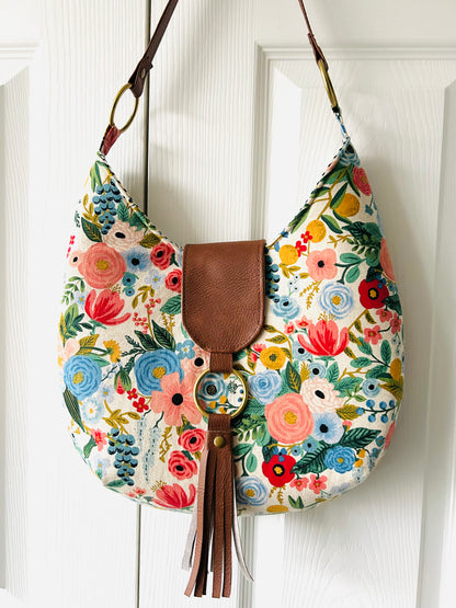 Bright floral canvas hobo bag