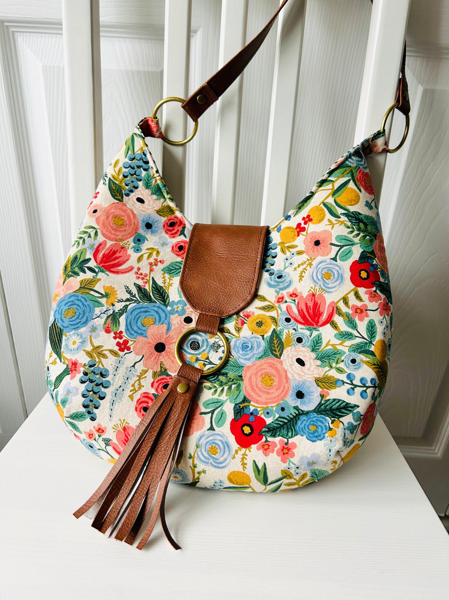 Bright floral canvas hobo bag