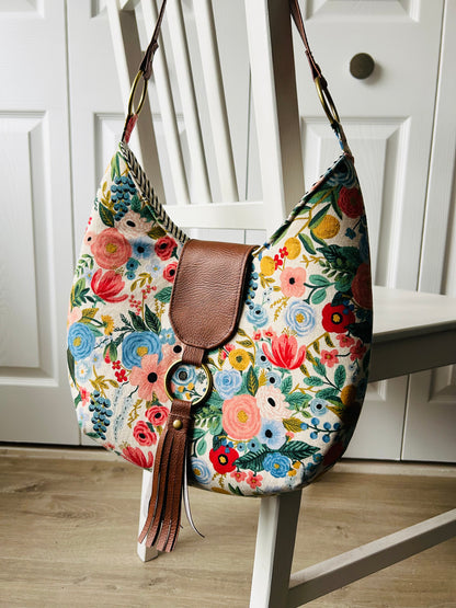 Bright floral canvas hobo bag