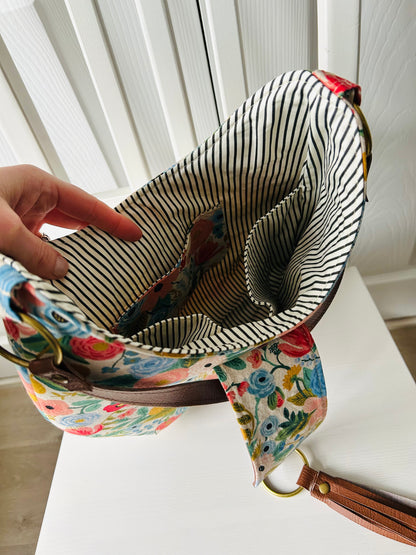 Bright floral canvas hobo bag