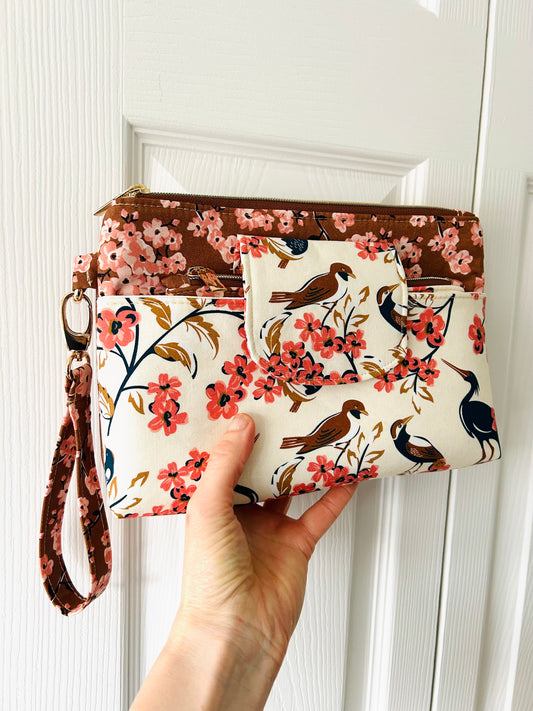 Birds and Cherry Blossoms wristlet bag and pouch set