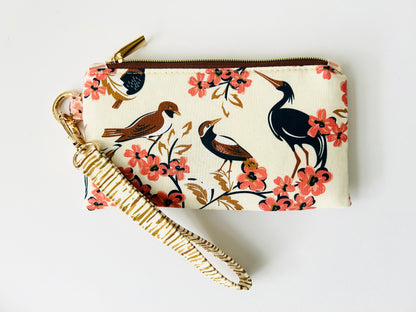Birds and Cherry Blossoms wristlet bag and pouch set