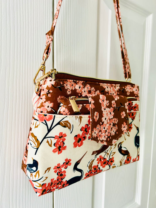 Birds and Cherry Blossoms crossbody bag with pouch