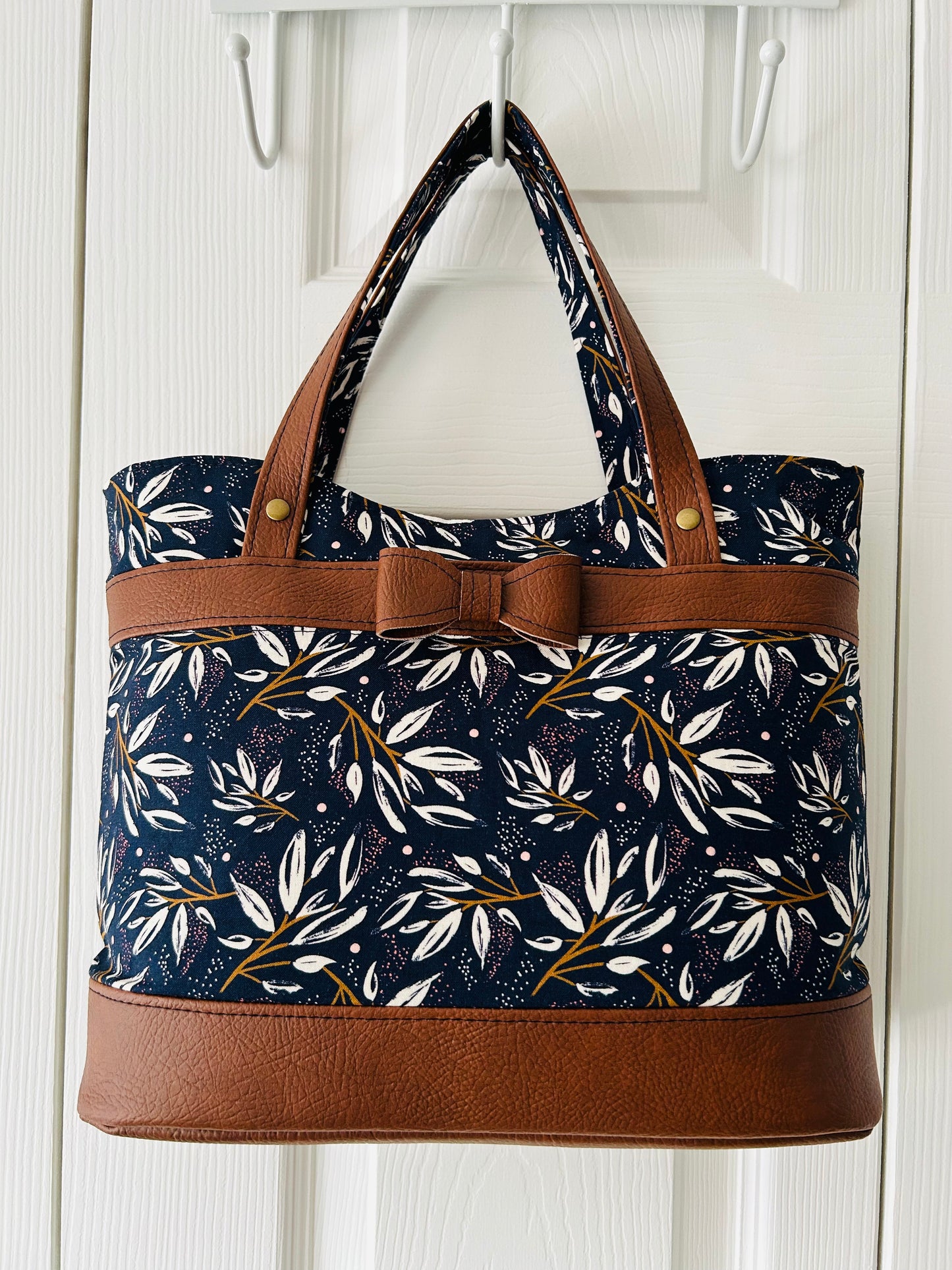 Bow handbag - navy cotton with tan faux leather