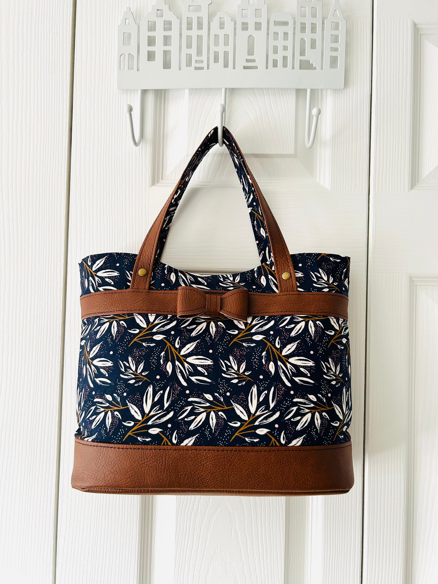 Bow handbag - navy cotton with tan faux leather