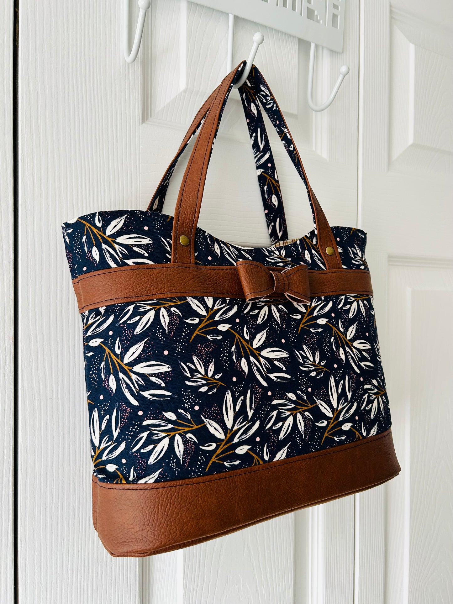 Bow handbag - navy cotton with tan faux leather