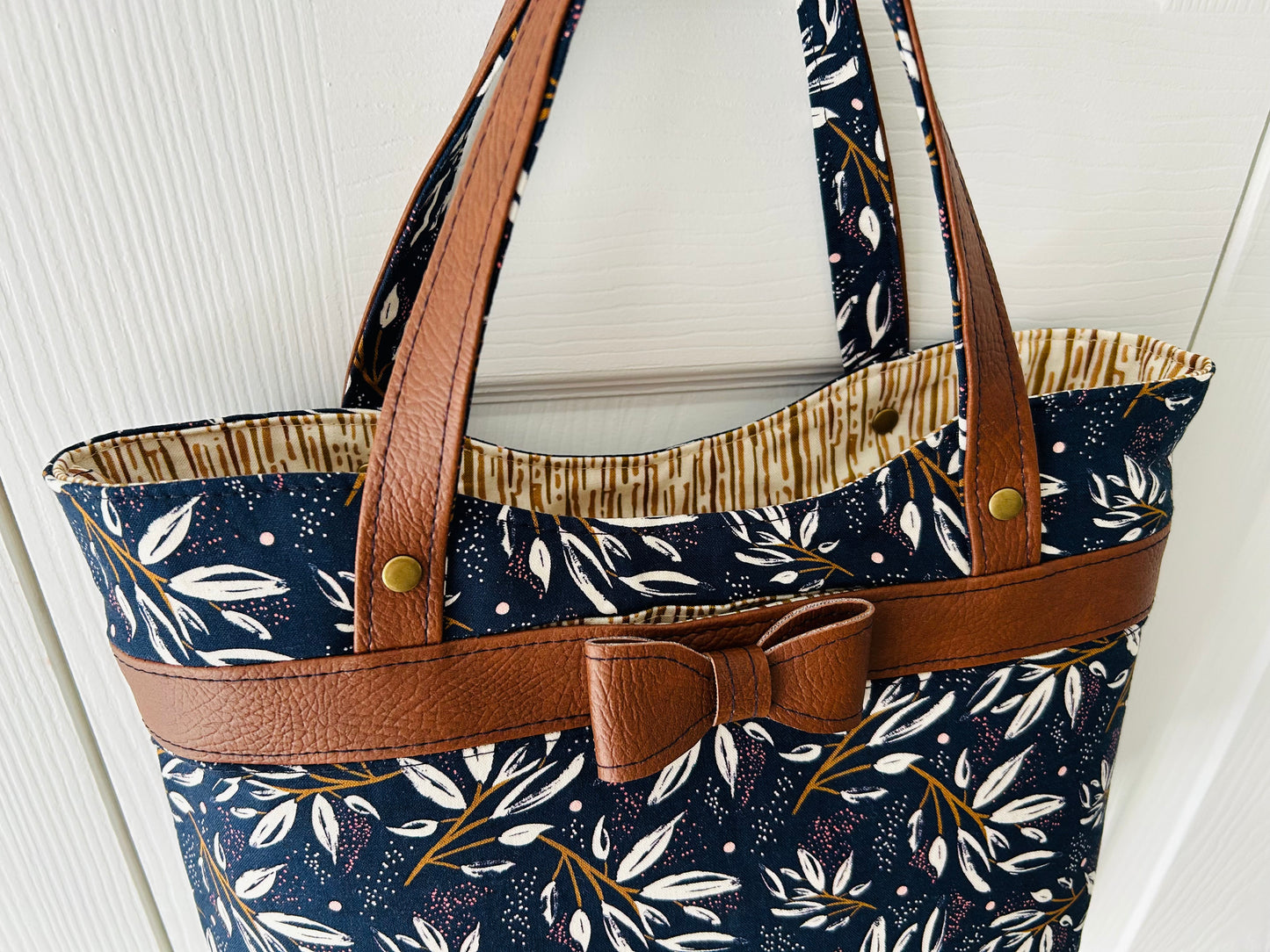 Bow handbag - navy cotton with tan faux leather